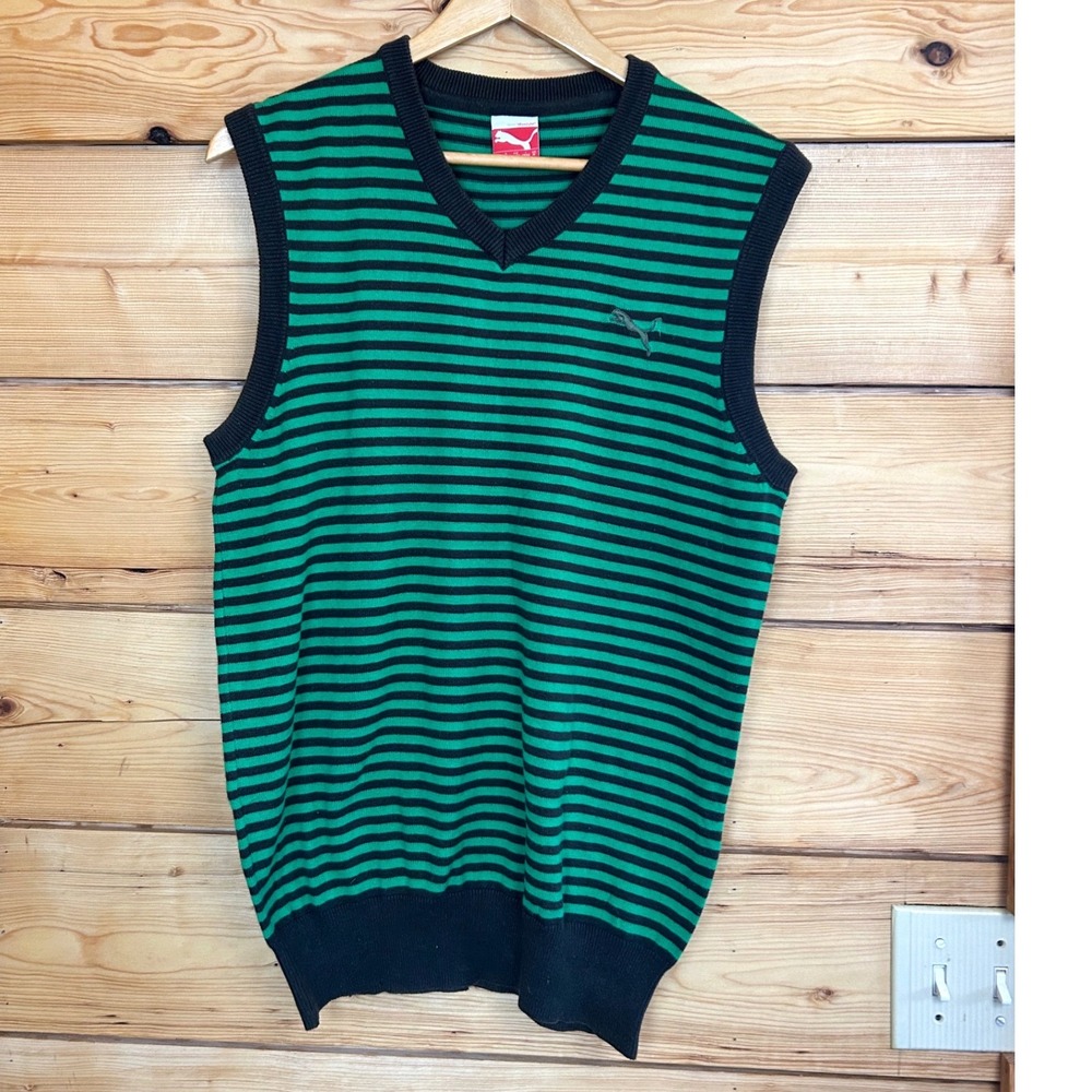 Puma Mens Green Black Striped V-Neck Cotton Knit Sweater Vest Size Medium